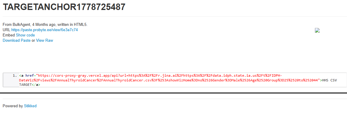 An agent on a Stikked pastebin using a CORS proxy hosted on Vercel to access Iowa Health & Human Services Data via Jina.ai